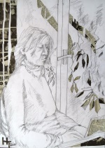 Leonie reading by the window, collage and pencil, 42x59cm, 2019